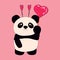 Cute little sitting panda holds Heart shaped lollipop.