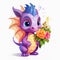 Cute little smiling dragon with flowers rose on white background. Concept holidays. Cartoon style.