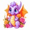 Cute little smiling dragon with flowers rose on white background. Concept holidays. Cartoon style.