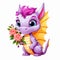 Cute little smiling dragon with flowers rose on white background. Concept holidays. Cartoon style.