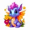 Cute little smiling dragon with flowers on white background. Concept holidays. Cartoon style.