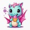 Cute little smiling dragon with ice cream on white background. Cartoon style.