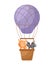 Cute little squirrel, skunk fly on purple hot air balloon. Cartoon character for childrens book, album, baby shower, greeting card