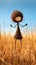 Cute little stick-figure woman made of straw, with little arms and little legs, happy, smiling. Generative AI