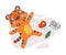 Cute Little Striped Tiger Cub Lying with Meat and Leaf Vector Composition