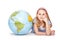 Cute little student girl with globe. School Education Concept