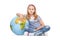 Cute little student girl with globe. School Education Concept