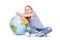 Cute little student girl with globe. School Education Concept