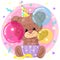 Cute little teddy bear with gift box and balloons. Birthday greeting card. Happy moment. Congratulation. Children character.
