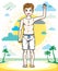 Cute little teenager boy standing wearing fashionable beach shorts. Vector beautiful human illustration.