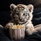 Cute little tiger cub eating popcorn from a bowl, soft focus background