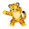 Cute little Tiger dabbing character isolated. Happy club cartoon striped tiger dancing