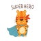 Cute little tiger superhero in blue cape and mask. Adorable baby animal character cartoon vector illustration