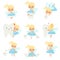 Cute Little Tooth Fairy with Baby Teeth Set, Lovely Blonde Fairy Girl Cartoon Character in Light Blue Dress with Wings