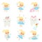 Cute Little Tooth Fairy and Healthy Baby Teeth Set, Lovely Blonde Fairy Girl Cartoon Character in Light Blue Dress with