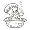 Cute little turtle takes a bath and plays with soap suds outlined for coloring page on white