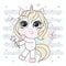 Cute little unicorn with blonde hair holding magic wand and dancing with butterflies. Trendy style, modern pastel colors