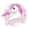 Cute little unicorn character over pink round background. Vector.