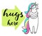 Cute little unicorn is cuddeling yourself. Hags here text. Vector isolated illustration.
