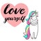 Cute little unicorn is cuddeling yourself. Love yorself text. Vector isolated illustration.