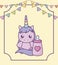 cute little unicorn with milk bottle baby and garlands