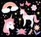 Cute little unicorn set, modern cartoon style. Fairytale collection for children with rainbow, flowers, stars, magic