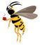 Cute little wasp holding a steaming cup of coffee looks funny vector or color illustration
