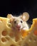 Cute little white mouse peeking out with curiosity over a large piece of cheese. Copy space. Generative AI