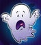 Cute little white scary cartoon ghost illustration in blue background