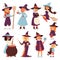 Cute little witch with broom cartoon cat for print on bag magic halloween card and fantasy young girls character in