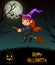 Cute little witch flying riding on broom in night background