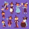 Cute little witch hag harridan vixen with broom cartoon cat for print on bag magic Halloween card fantasy young girls