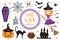 Cute little witch halloween set objects. Collection design element with pumpkin, witch hat, spider, skull, coffin, bat