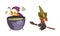 Cute Little Witch in Pointed Hat and Cloak Boiling Potion in Cauldron and Flying on Broomstick Vector Set