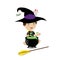 Cute little wizard boy in halloween costume with boiling