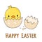 Cute little yellow chick in cracked eggs and egg shell with sign text happy easter, grunge vector graphic illustration