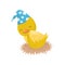 Cute little yellow duckling character in blue hat sleeping in the nest vector Illustration on a white background