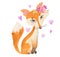 Cute litttle fox in love with a wreath on one ear and surrounded by hearts. Red forest animal.