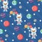 Cute llama astronaut in open space seamless pattern with planet. Vector hand drawn illustration. seamless pattern