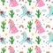 Cute llama elements seamless pattern. Pink and blue funny alpacas and cacti, trendy fluffy animals isolated on white