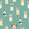 Cute llama heads seamless pattern. Funny alpacas with different accessories on blue background