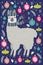 Cute llama surrounded by Christmas tree toys, template for card and your design