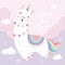 Cute llama unicorn and rainbow floating in the sky