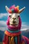 A cute llama wearing woolen clothes