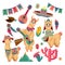 Cute llamas. Funny alpaca animal in mexican clothes with guitar, mountains, cactus and festive flag garland, chile