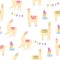 Cute llamas seamless pattern. Alpacas in birthday hats, gift boxes and flags. Background for birthday and baby shower