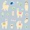 Cute llamas stickers set. Funny alpacas with different accessories, mountain, cactuses.