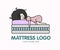 Cute logo of hybrid mattress with sleeping girl. Twin Mattress funny emblem