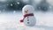 A cute lonely snowman and blurred snow forest background, Christmas and winter background. Generative AI