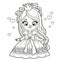 Cute long haired cartoon princess girl in magnificent ball gown with a bow outlined for coloring page on white